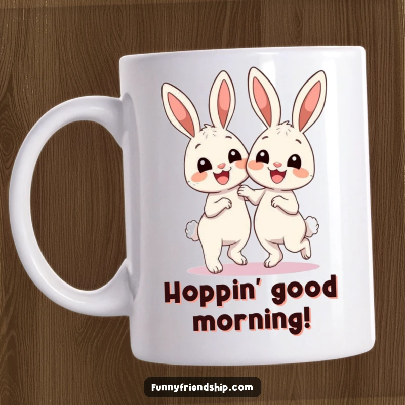 Funny Mug: Two cute smiling bunnies joyfully dancing together, radiating happiness and playful energy, a heartwarming scene.