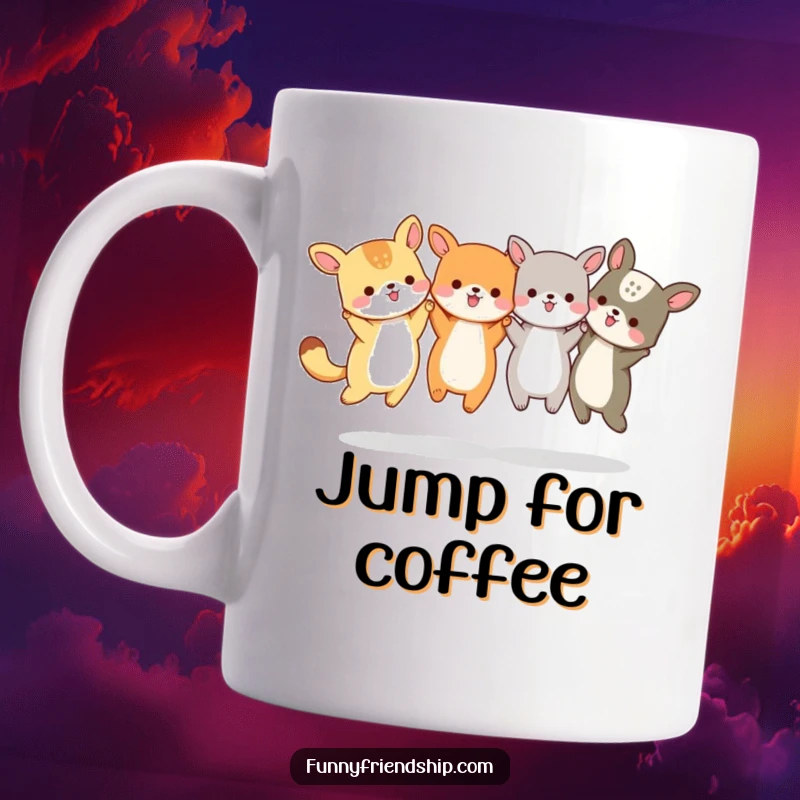 Funny Animal Friends Jumping Mug: Small animals holding hands and jumping joyfully, a symbol of unity and fun, a group funny gift.