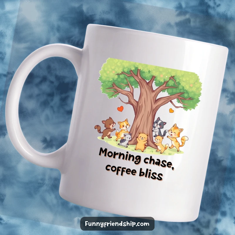 Funny Animal Tag Mug showing a group of diverse animals joyfully playing tag around a tree, full of energy and friendly competition.