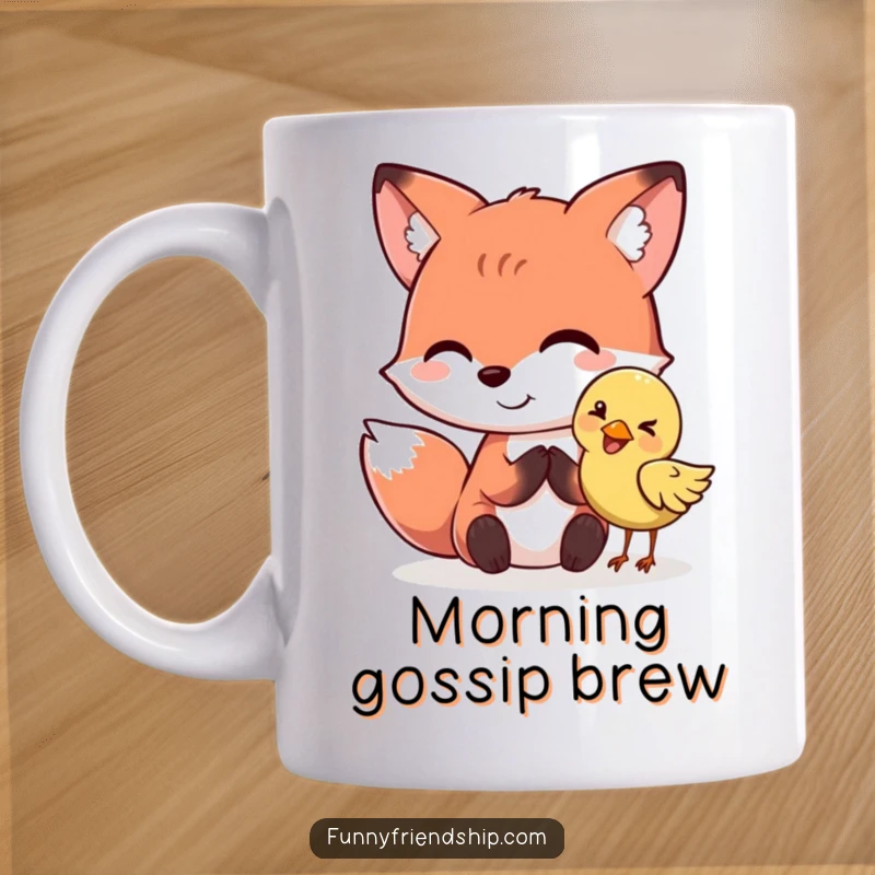 Funny, smiling fox character whispering a secret to a giggling bird on a mug. A humorous woodland gift.