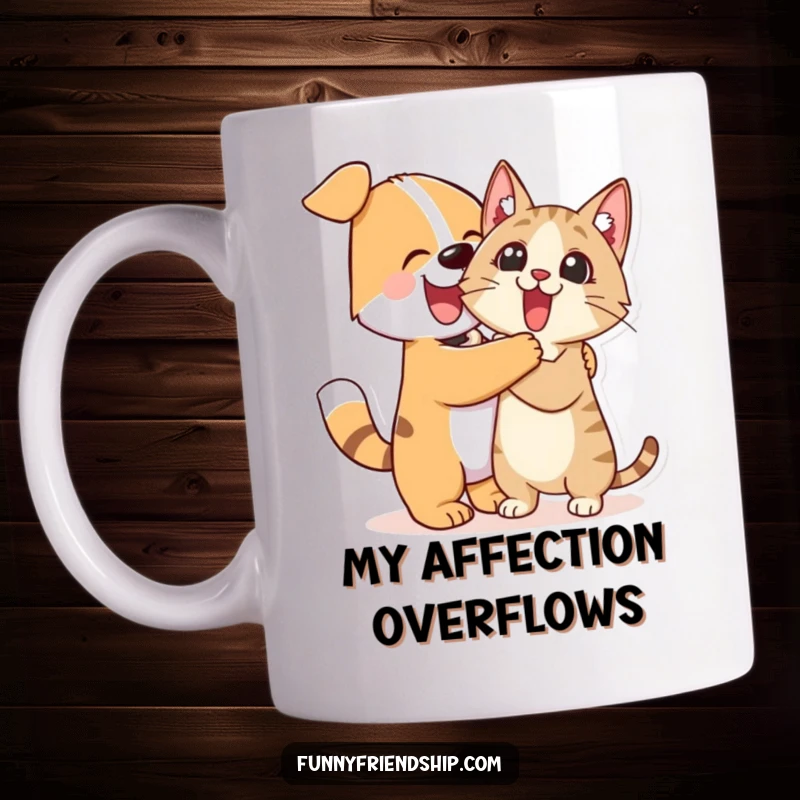 Funny Mug: Cute dog character enthusiastically hugging a surprised cat character, a heartwarming and humorous pet moment.