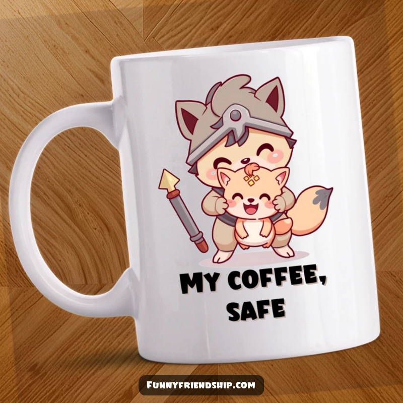 Funny mug depicting a brave animal character protectively shielding a smaller, adorable friend, showcasing courage and care.