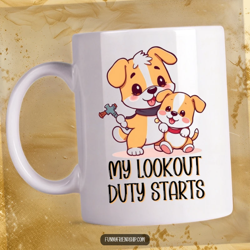 Funny dog mug featuring a loyal dog bravely guarding a playful puppy, capturing unconditional love and protection.