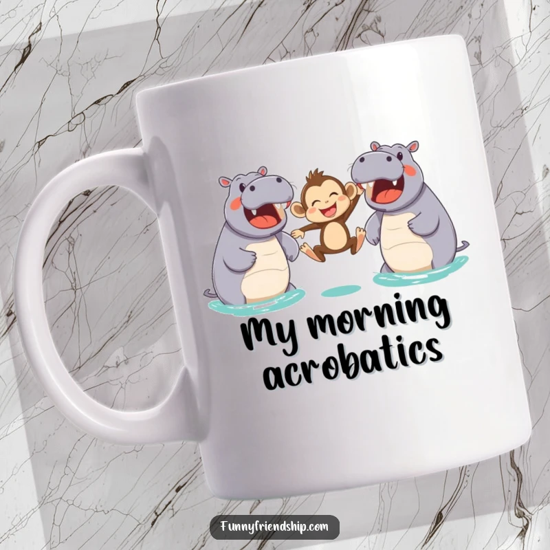Funny mug featuring a joyful monkey mid-air, leaping between two friendly, smiling hippos, a hilarious scene of pure animal happiness.