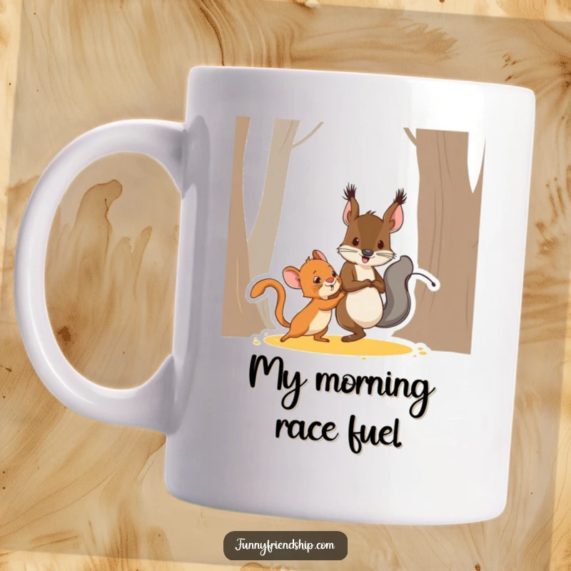 Funny squirrel and mouse characters playing tag, chasing each other with playful excitement, depicted on a lively cartoon mug.