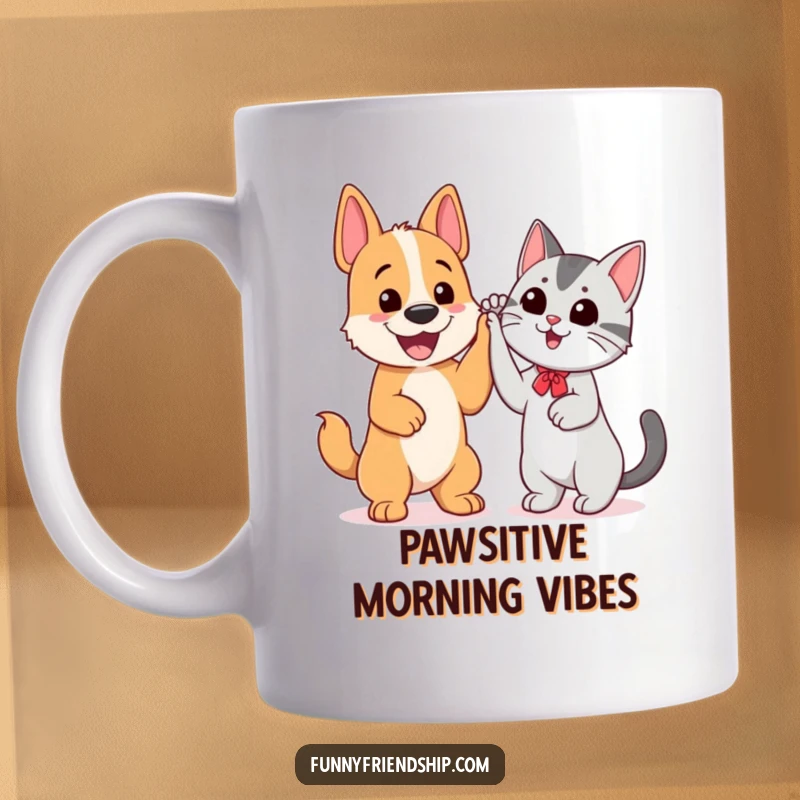 Funny mug featuring a cheerful dog and cat happily high-fiving, symbolizing friendship and playful unity between species.