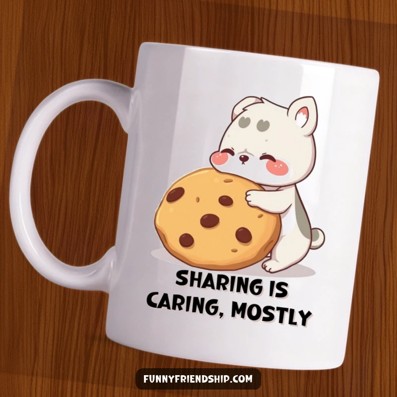 Funny animal friends mug, two cute characters sharing a massive cookie with happy expressions, symbolizing generosity and humor.