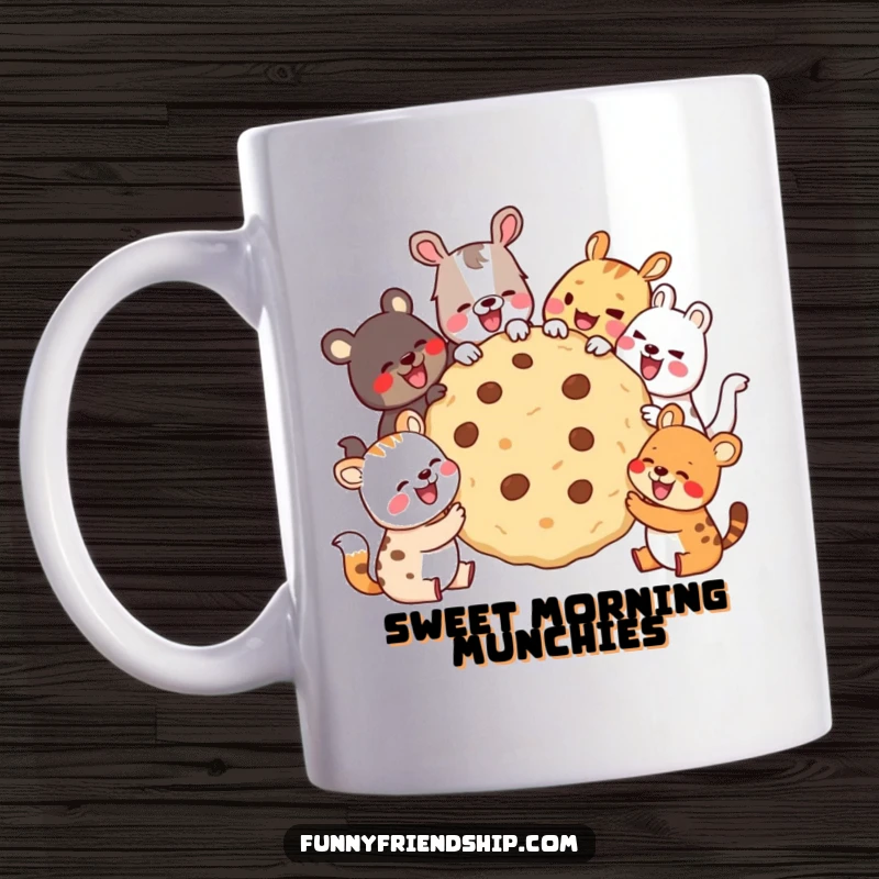 Funny Mug with diverse cartoon animals happily sharing a giant cookie and laughing together, symbolizing friendship and shared joy.