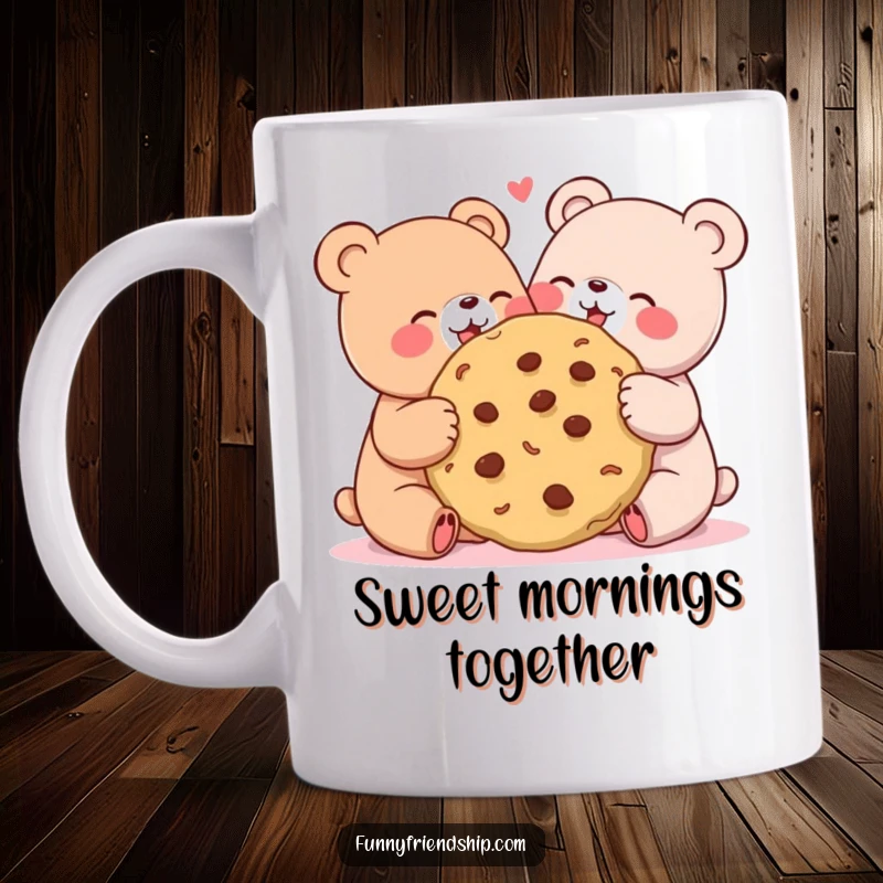 Funny mug with two cute bears joyfully sharing a giant cookie, celebrating friendship and sweet treats.