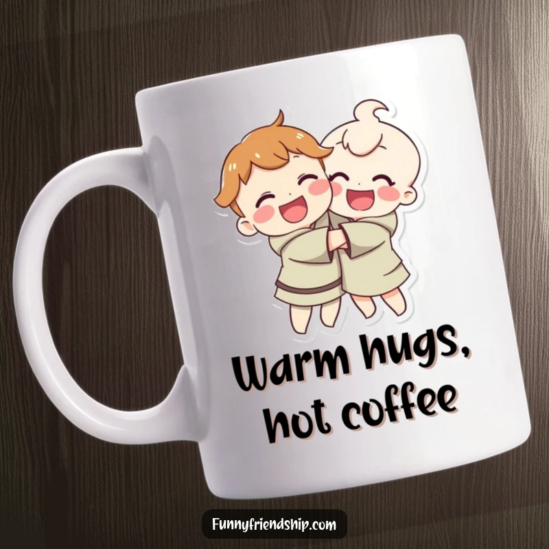 Funny mug with two smiling characters in a warm hug, symbolizing joy, love, and friendship for gift-giving.