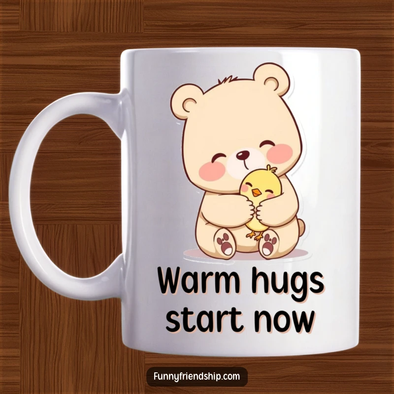 Funny mug illustrating a gentle bear character giving a warm, comforting hug to a tiny bird character. Symbolizes friendship.