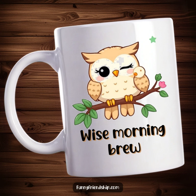 Funny Mug: A winking owl shares a branch with another owl, symbolizing wise friendship and humorous companionship.