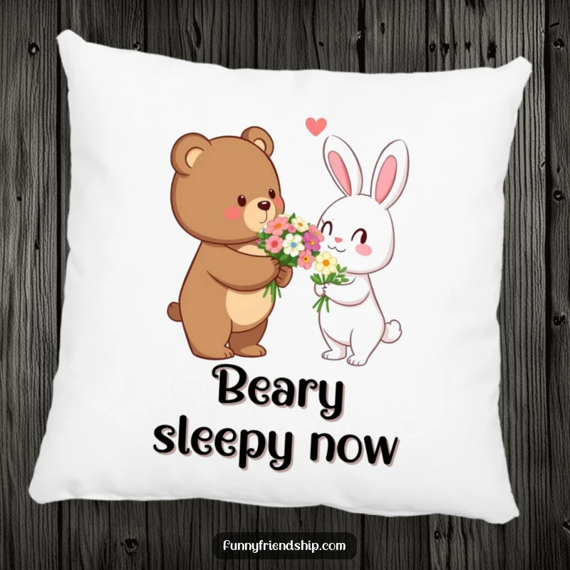 Funny bear offering flowers to a rabbit on a soft pillow, designed for comfort and romantic humor in home decor.