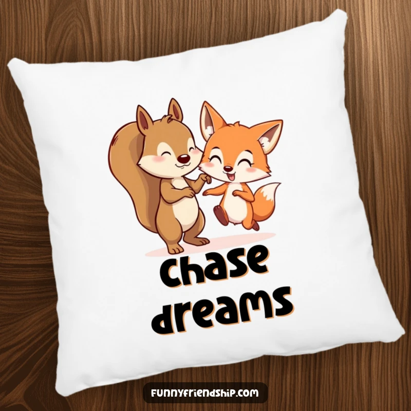 Funny pillow with a squirrel and a fox character playing tag, offering soft comfort and a charming woodland scene.