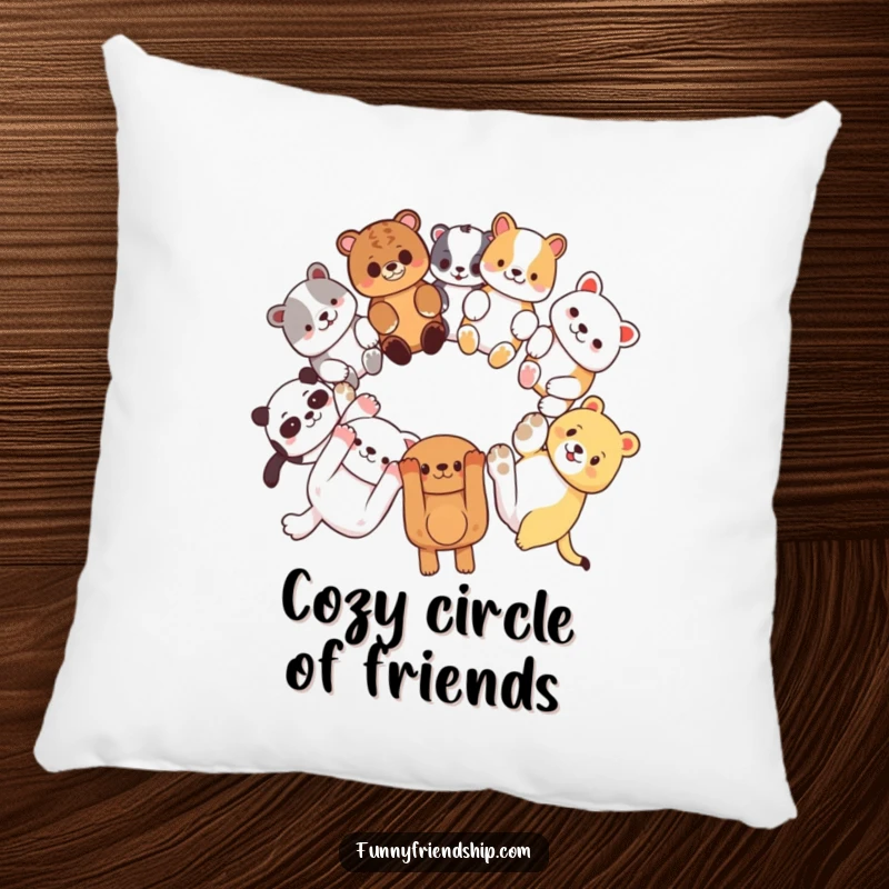 Funny pillow with diverse animal characters linking paws in a circle, symbolizing friendship and unity, perfect for comfort.