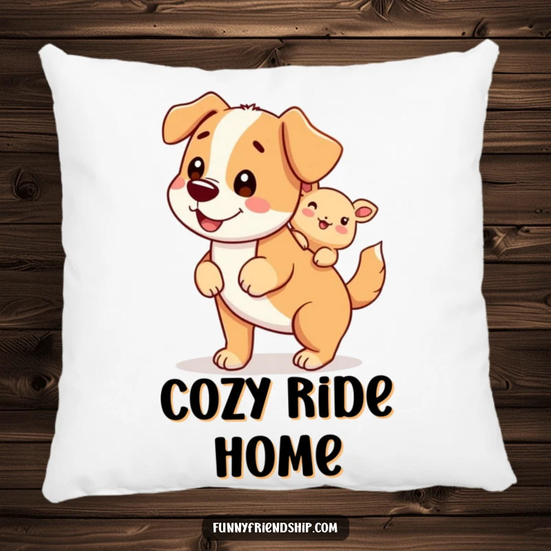 Funny pillow featuring a dog character giving a piggyback ride to a smaller creature, great for decor.