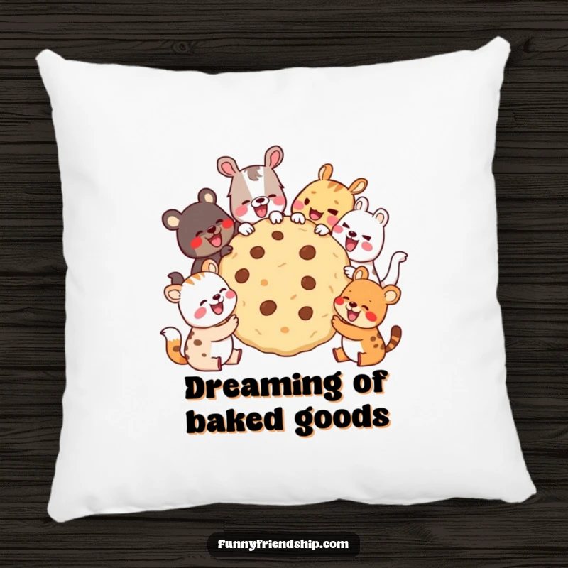 Funny Pillow depicting animals sharing a giant cookie and laughing, offering soft, humorous decor for sofas and beds, celebrating friendship.