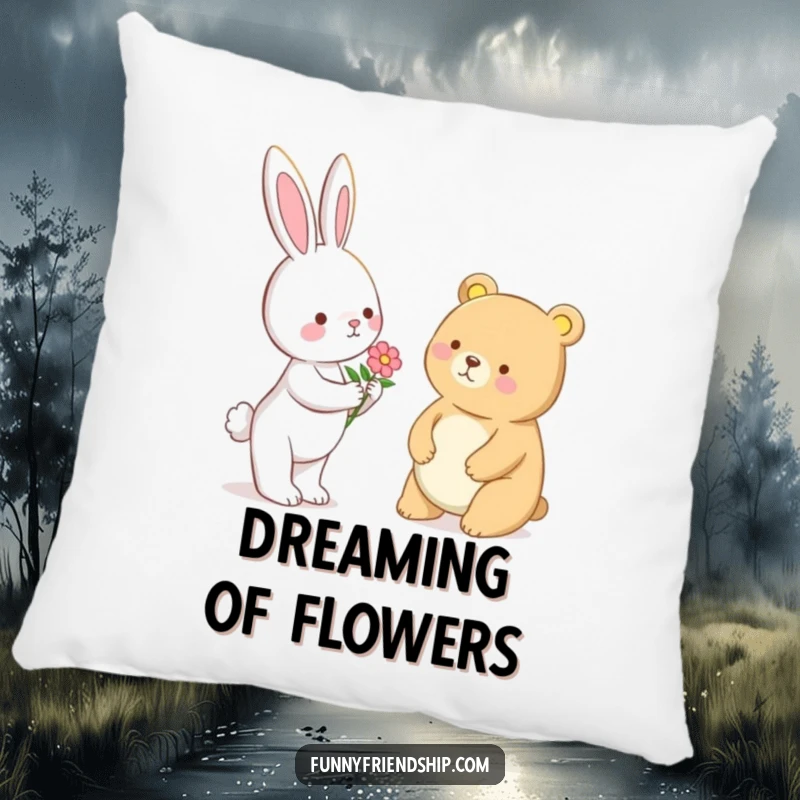 Funny Bunny and Bear Flower Pillow: Bunny offers flower to bear, soft and cuddly, a symbol of kindness, a funny gift.