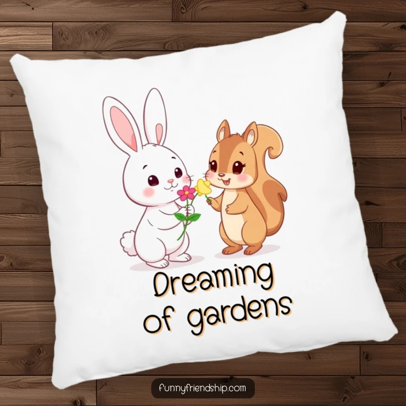 Funny Pillow: Playful rabbit character offering a flower to a shy squirrel character, a soft and humorous decorative accent.