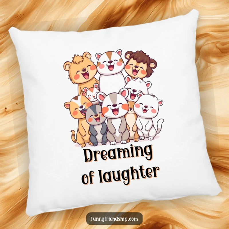 Funny pillow showcasing a diverse group of animal characters sharing hearty laughter, adding a touch of cheerful comfort and togetherness.