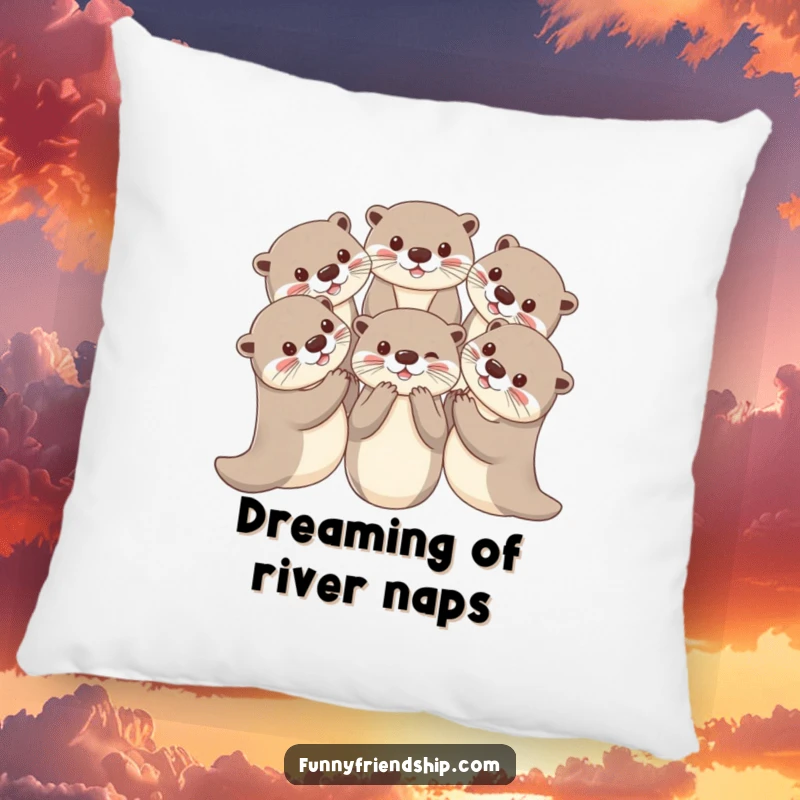 Funny otter pillow with playful otters holding paws in a circle, a soft and heartwarming decorative cushion.