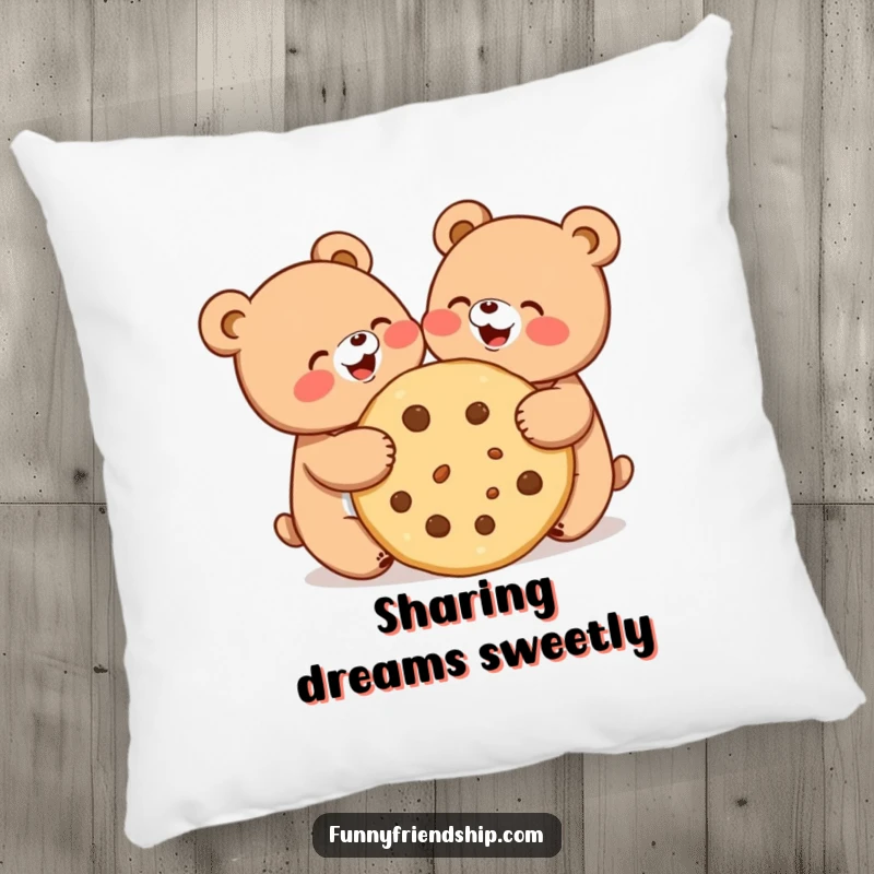 Funny pillow with two cute bears joyfully sharing a large cookie, providing comfort and embodying friendship.