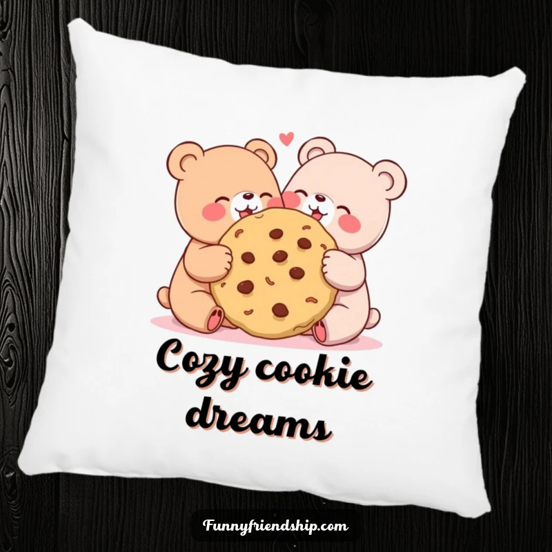Funny pillow with two cute bears joyfully sharing a giant cookie, offering cozy friendship and sweetness.