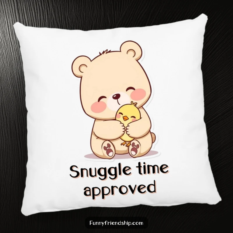 Funny pillow featuring a large bear character tenderly hugging a small bird, offering comfort and a soft touch.
