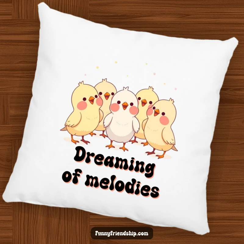 Funny bird characters forming a choir, singing together harmoniously, a soft and humorous cartoon pillow for adding cheer.