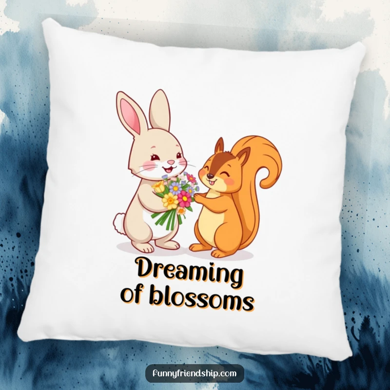 Funny pillow showcasing a playful rabbit offering a flower bouquet to a squirrel, providing comfort and cute woodland-themed decor.