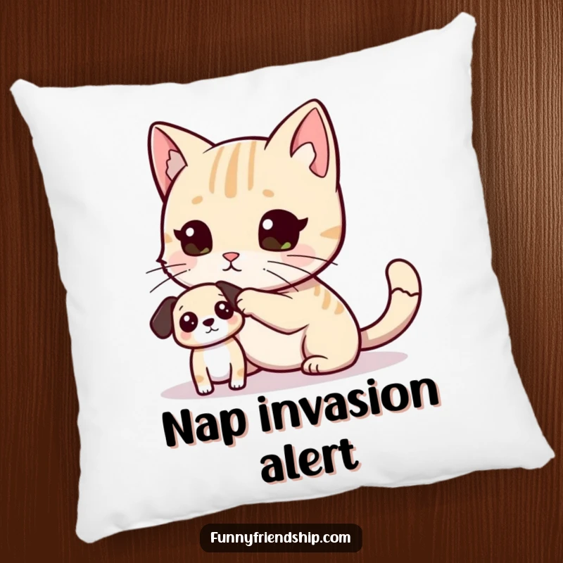 Funny Pillow showing a cat playfully pawing a dog, offering soft, humorous decor for sofas and beds, celebrating pet relationships.