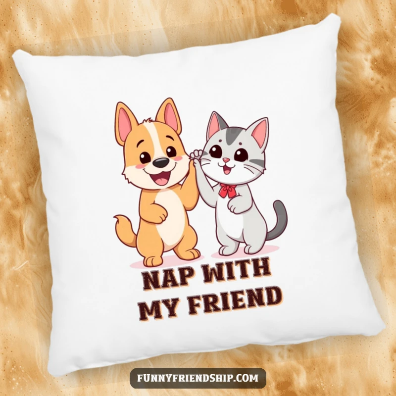 Funny pillow with a cheerful dog and cat giving each other a high five, symbolizing happy pet companionship.