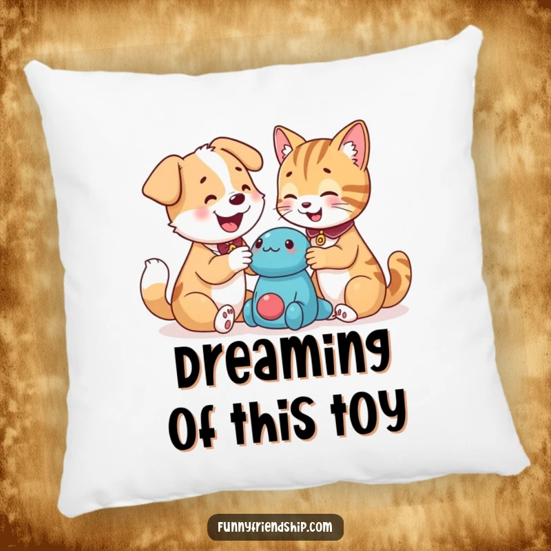 Funny dog and cat characters embracing while playing with a toy, depicted on a plush pillow, ideal for cozying up with a funny gift.