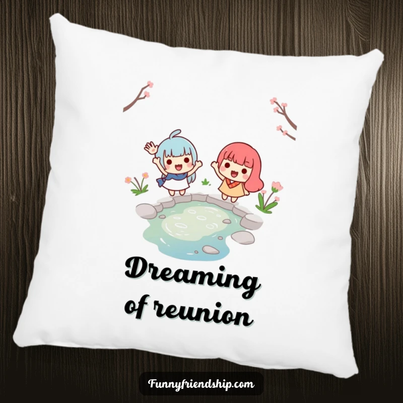 Funny pillow showcasing two smiling characters waving goodbye across a small stream, adding a touch of nostalgic comfort and friendship.