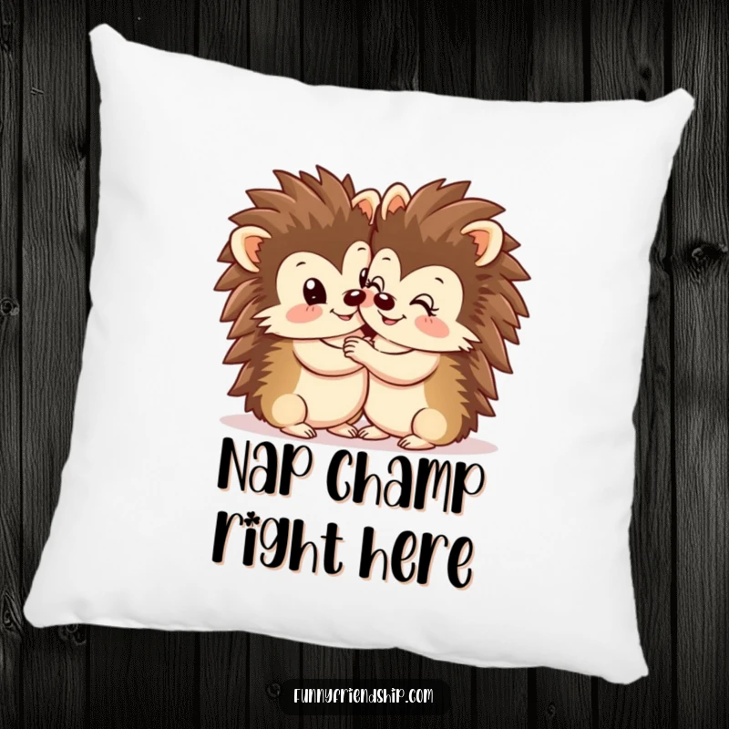 Funny Hedgehog Hug Pillow: Two smiling hedgehogs in a close embrace, plush and cute, perfect for cuddling, a heartwarming funny gift.