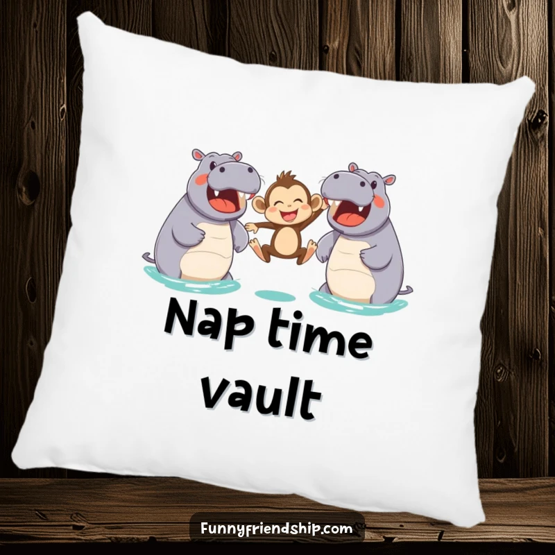 Funny pillow with a joyful monkey leaping between two friendly hippos, offering a soft and humorous addition to any cozy space.