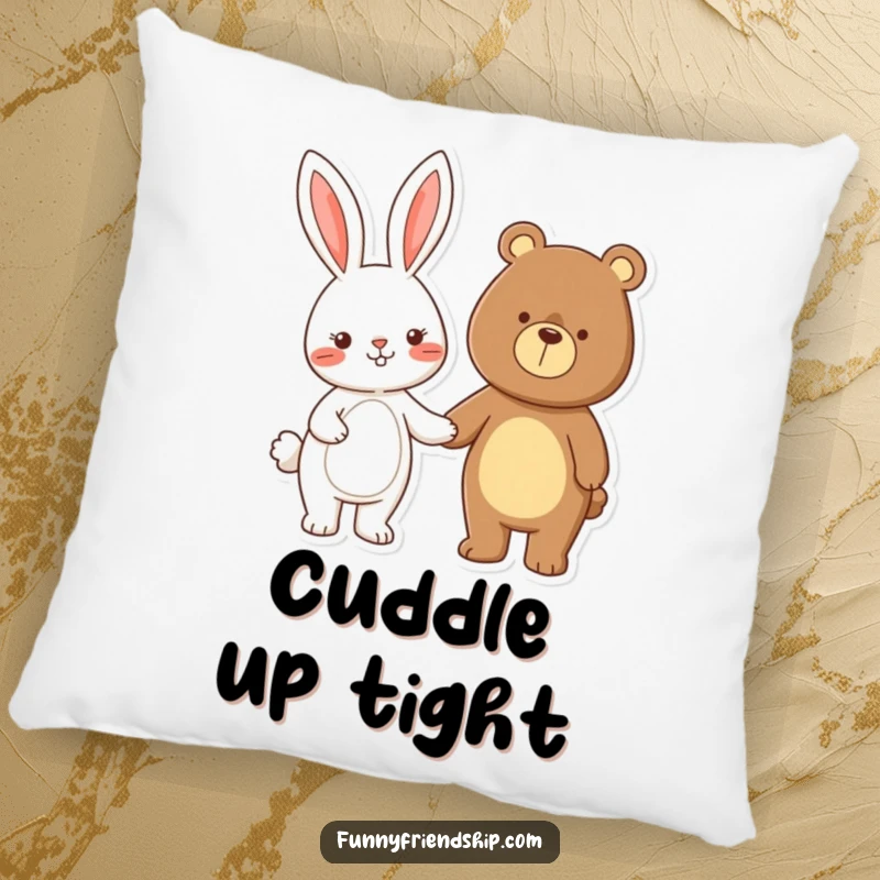 Funny rabbit and bear characters holding hands, a soft and humorous cartoon pillow embodying comfort and friendship.
