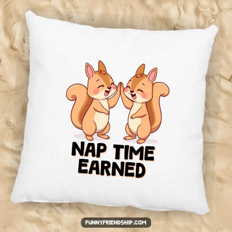 Funny pillow featuring two squirrels celebrating with a high five, perfect for decoration and comfort.
