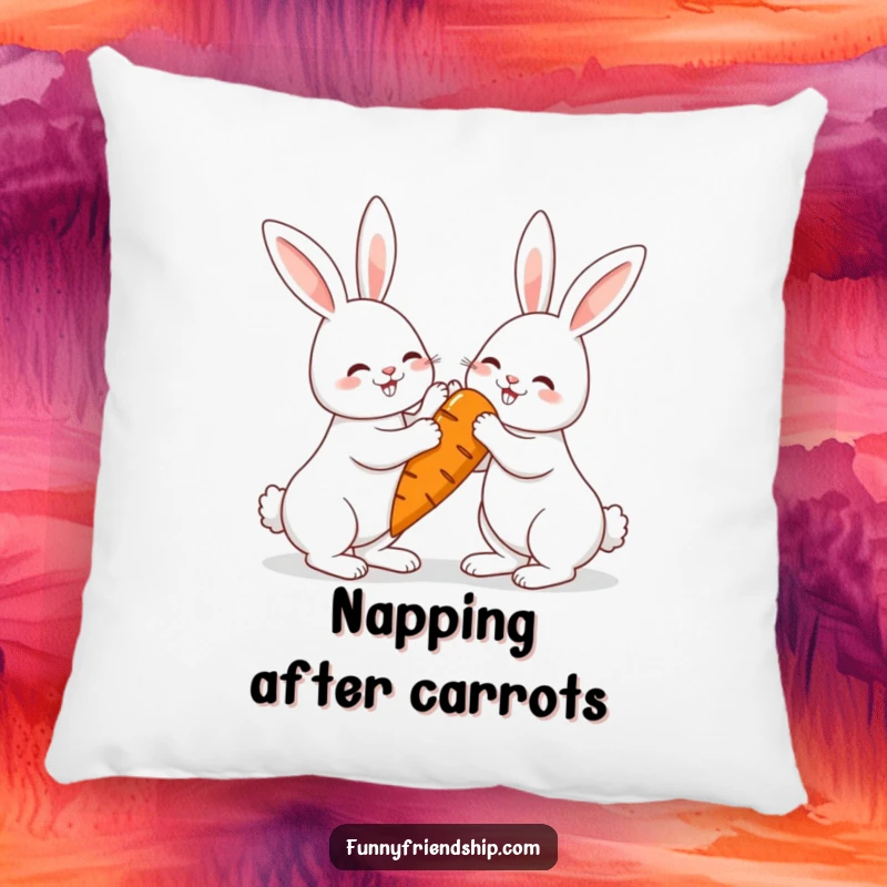 Funny rabbit pillow with two high-fiving bunnies and a giant carrot, a soft and cheerful decorative cushion.