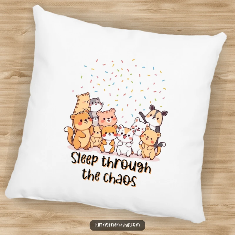 Funny Pillow: Diverse animal characters throwing confetti at each other, a soft and humorous decorative accent.