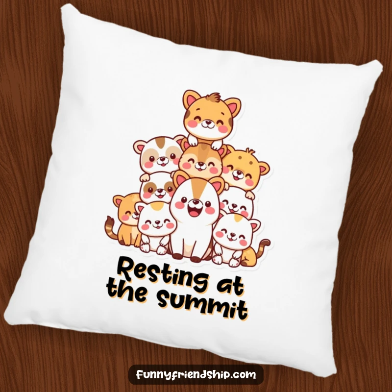 Funny pillow with a pyramid of smiling animals, offering comfort and a touch of humor for home decor.