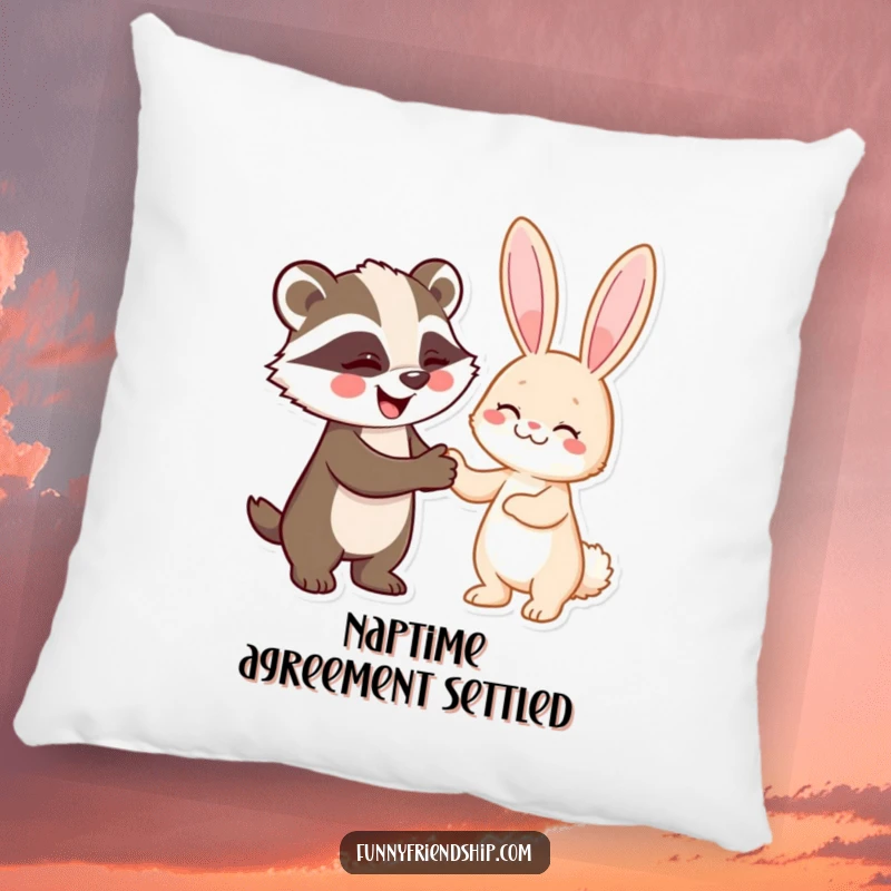 Funny plush pillow with a badger and rabbit shaking hands, offering comfort and a touch of humorous alliance.