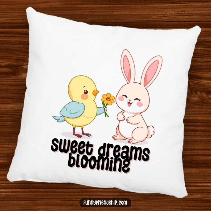 Funny decorative pillow featuring a cute cartoon bird offering a flower to a happy rabbit, perfect for cozy and humorous decor.