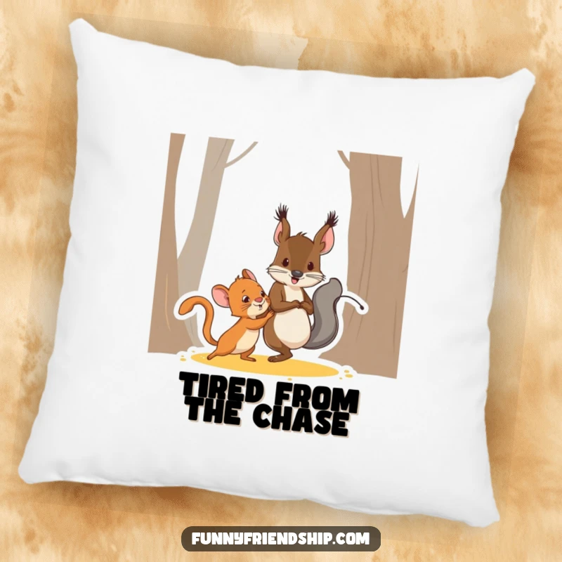 Funny squirrel and mouse characters playing tag, a soft and humorous cartoon pillow for adding playful cheer.