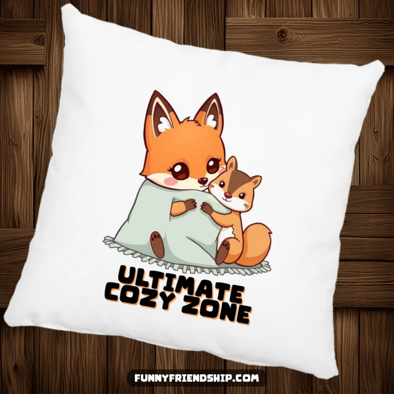 Funny pillow showcasing a happy fox and a squirrel sharing a cozy blanket, adding a touch of warmth and charming friendship.