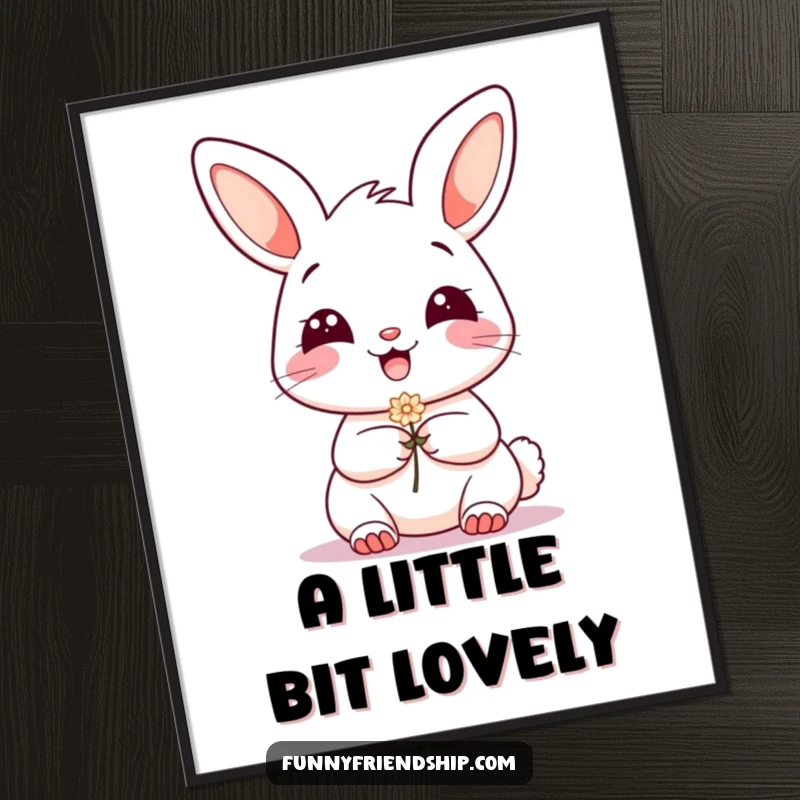 Funny Digital Art: Grinning bunny character offering a small flower, symbolizing friendship and cheerful greetings.