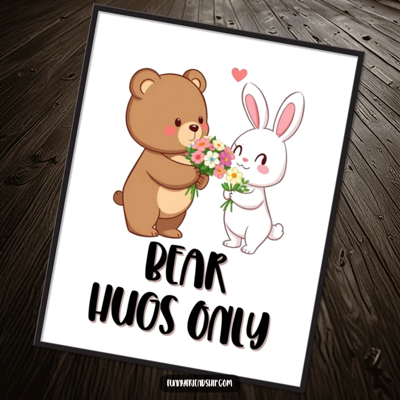 Funny bear giving flowers to a rabbit, digital art print for instant download, celebrating romance and humor.