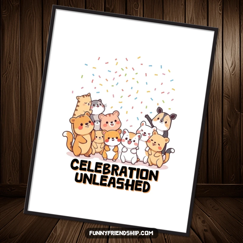 Funny Digital Art Print: Diverse animal characters tossing confetti at each other, an instant download of energetic party humor.