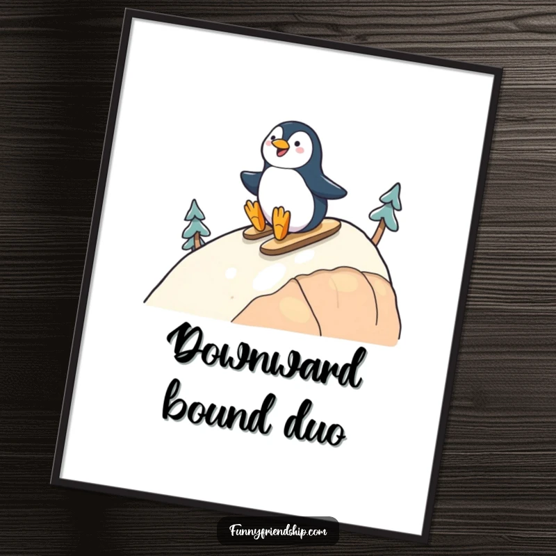 Funny digital art print of cheerful penguins sliding down a hill together, adding a touch of friendship and winter fun to decor.