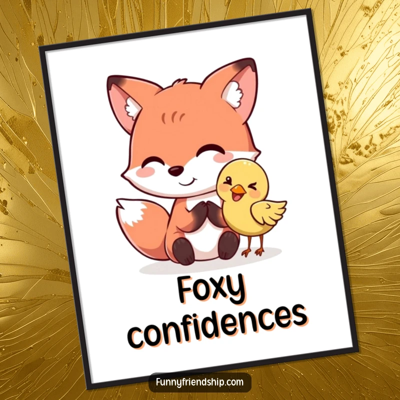 Funny fox and bird characters sharing a secret in this digital art print. A dynamic funny gift.